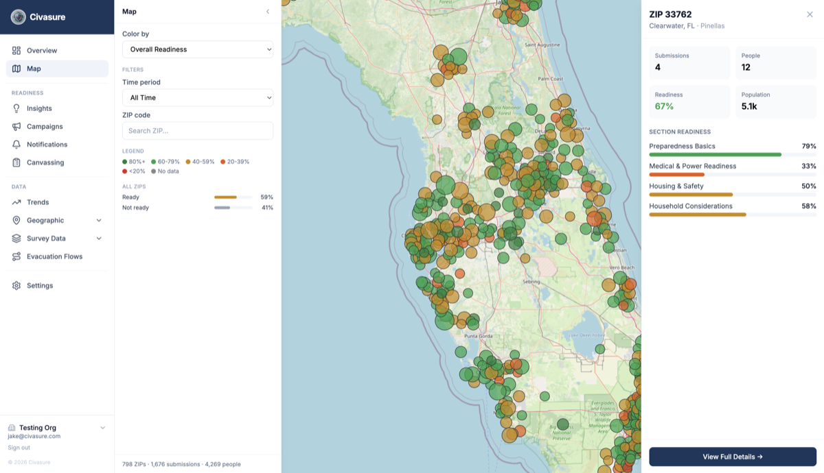 Civasure dashboard showing community readiness map